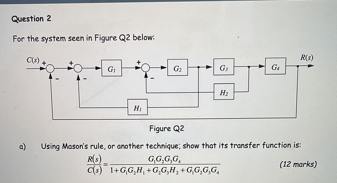 Question 2 For The System Seen In Figure Q2 Below C S G G G3 G4 H H Figure Q2 A Using Mason S Rule Or Another Te 1