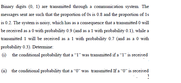 Binary Digits 0 1 Are Transmitted Through A Communication System The Messages Sent Are Such That The Proportion Of O 1