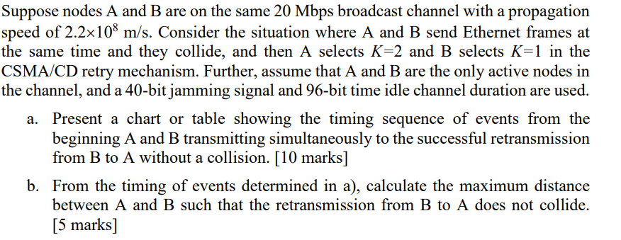 Suppose Nodes A And B Are On The Same 20 Mbps Broadcast Channel With A Propagation Speed Of 2 2 108 M S Consider The Si 1