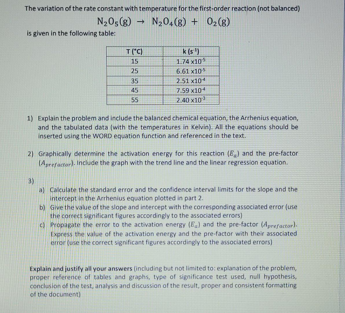 The Variation Of The Rate Constant With Temperature For The First Order Reaction Not Balanced N205 G N204 G O2 G 1