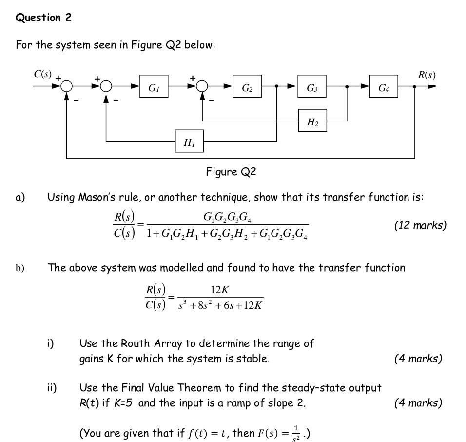 Question 2 For The System Seen In Figure Q2 Below C S R S G G G3 G4 H H Figure Q2 A Using Mason S Rule Or Ano 1