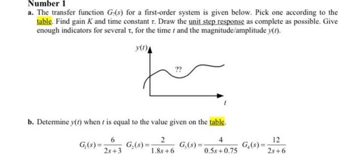 Number 1 A The Transfer Function G S For A First Order System Is Given Below Pick One According To The Table Find Ga 1