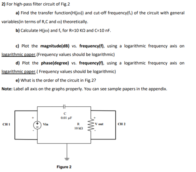 2 For High Pass Filter Circuit Of Fig 2 A Find The Transfer Function H Jo And Cut Off Frequency Fe Of The Circuit W 1