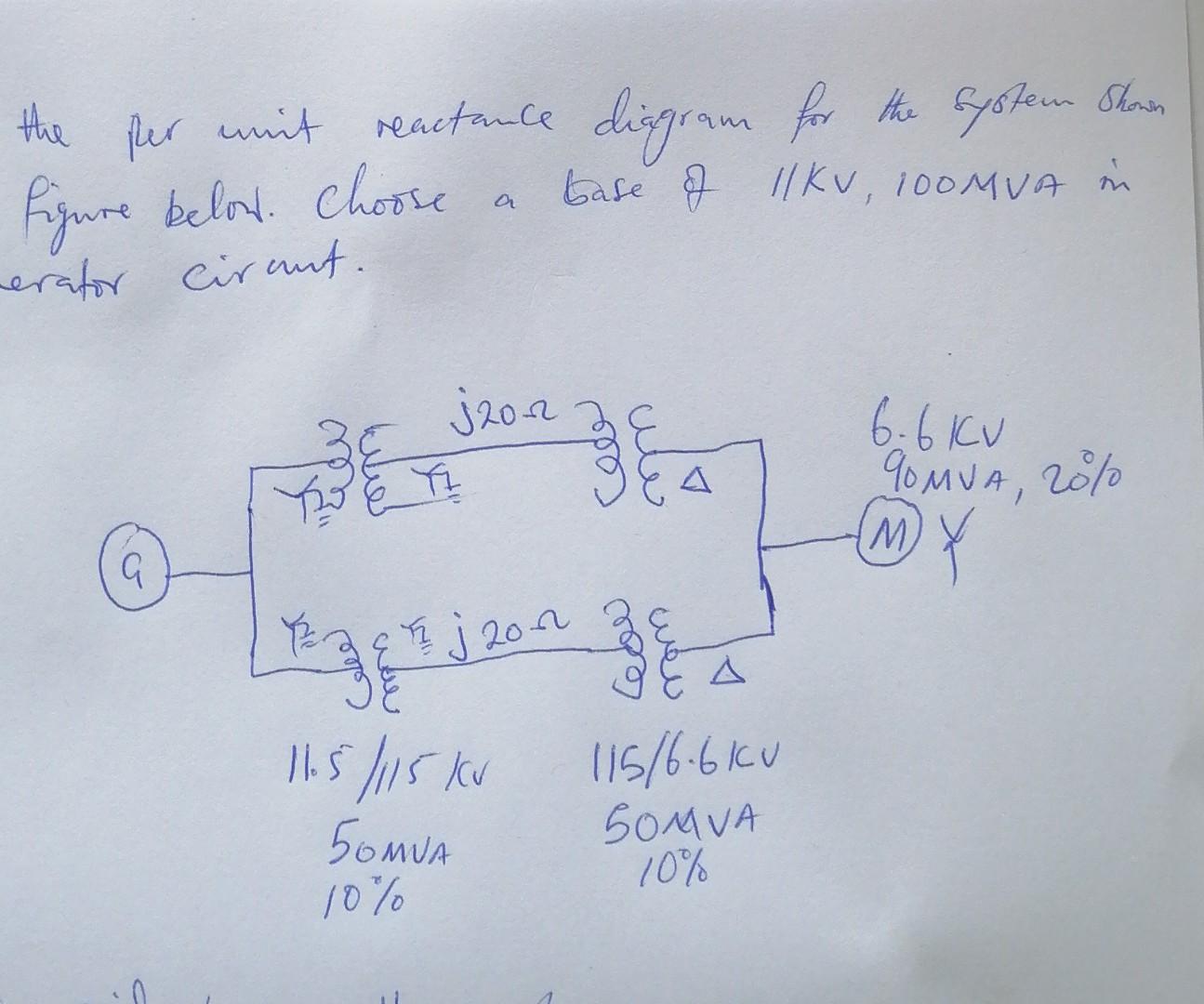 Draw The Per Unit Reactance Diagram For The System Shown In The Figure Below Choose A Base Of 11kv 100mva In The Genera 1