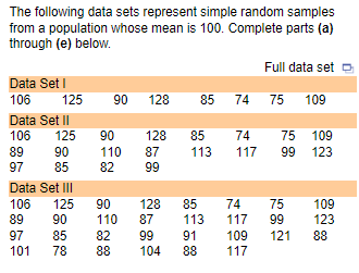 The Following Data Sets Represent Simple Random Samples From A Population Whose Mean Is 100 Complete Parts A Through 1