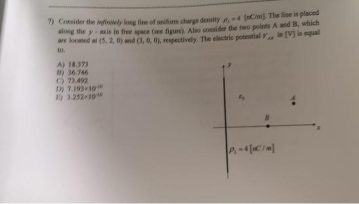 7 Consider The Infinitely Long Line Of Uniform Charge Density P 4 Nc M The Line Is Placed Along The Y Axis In Free 1