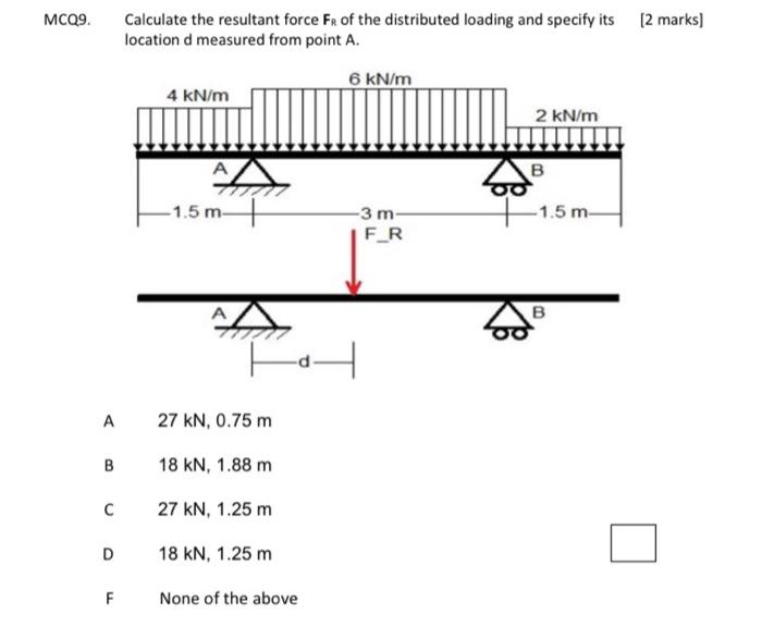 Mcq9 A B C D F Calculate The Resultant Force Fr Of The Distributed Loading And Specify Its 2 Marks Location D Measure 1