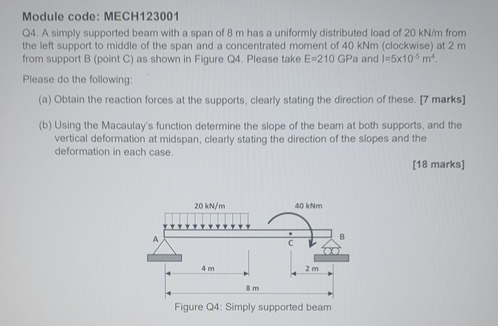 Module Code Mech123001 Q4 A Simply Supported Beam With A Span Of 8 M Has A Uniformly Distributed Load Of 20 Kn M From 1