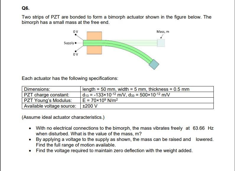 Q6 Two Strips Of Pzt Are Bonded To Form A Bimorph Actuator Shown In The Figure Below The Bimorph Has A Small Mass At T 1