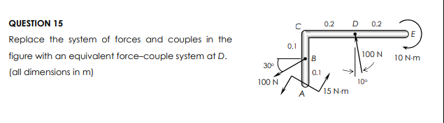 Question 15 Replace The System Of Forces And Couples In The Figure With An Equivalent Force Couple System At D All Dim 1