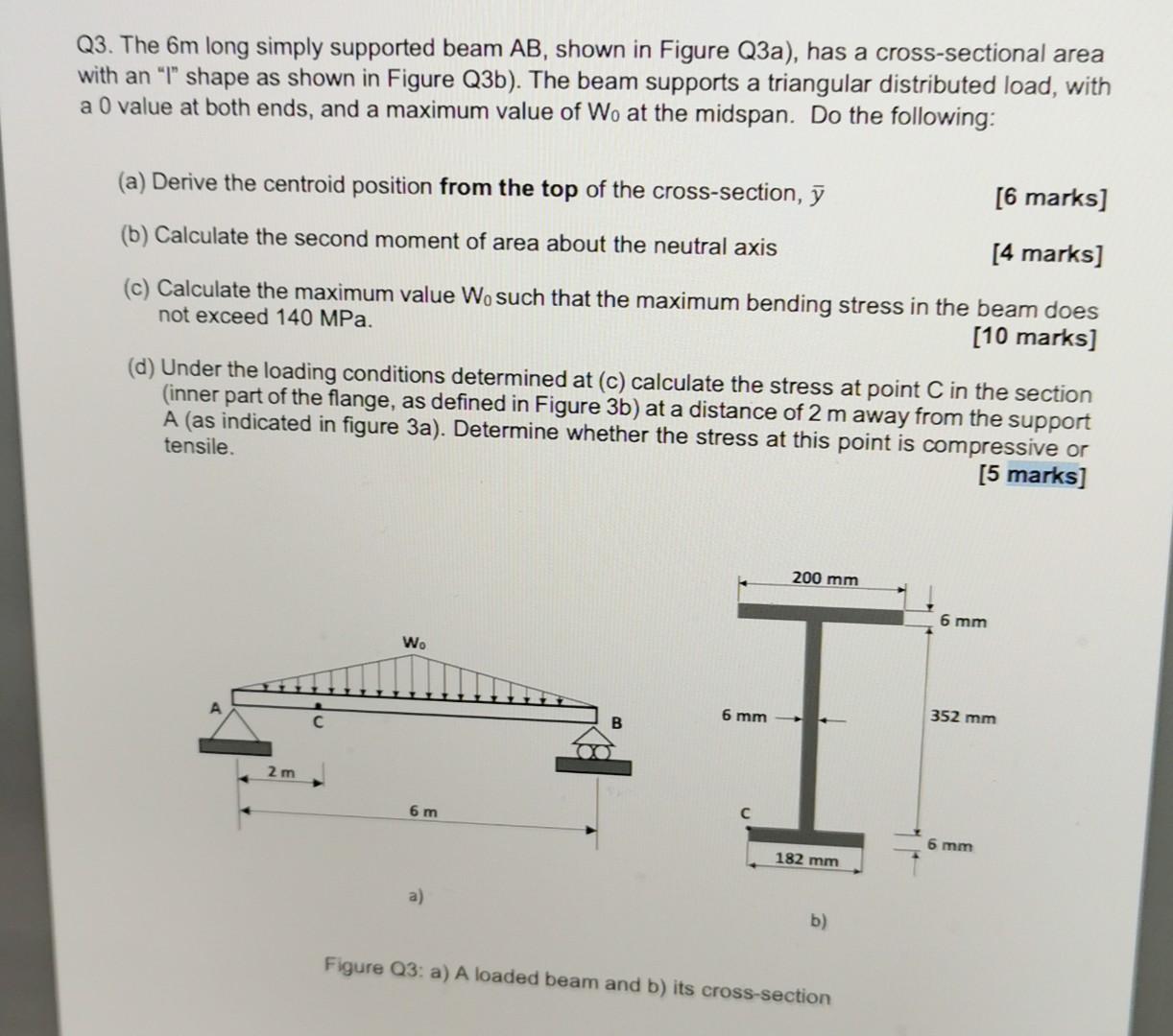 Q3 The 6m Long Simply Supported Beam Ab Shown In Figure Q3a Has A Cross Sectional Area With An I Shape As Shown In 1