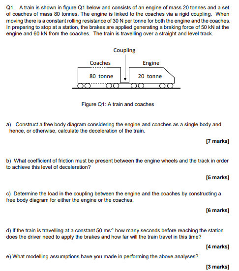 Q1 A Train Is Shown In Figure Q1 Below And Consists Of An Engine Of Mass 20 Tonnes And A Set Of Coaches Of Mass 80 Tonn 1
