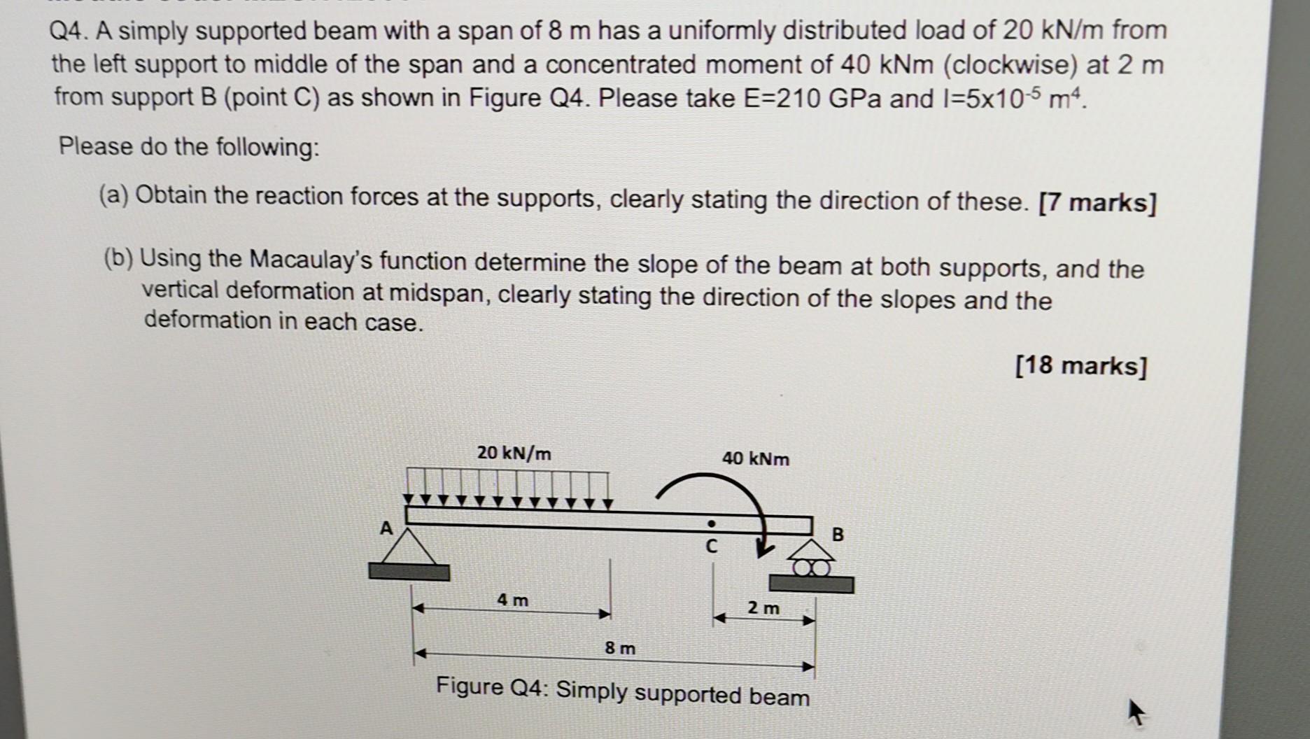 Q4 A Simply Supported Beam With A Span Of 8 M Has A Uniformly Distributed Load Of 20 Kn M From The Left Support To Midd 1