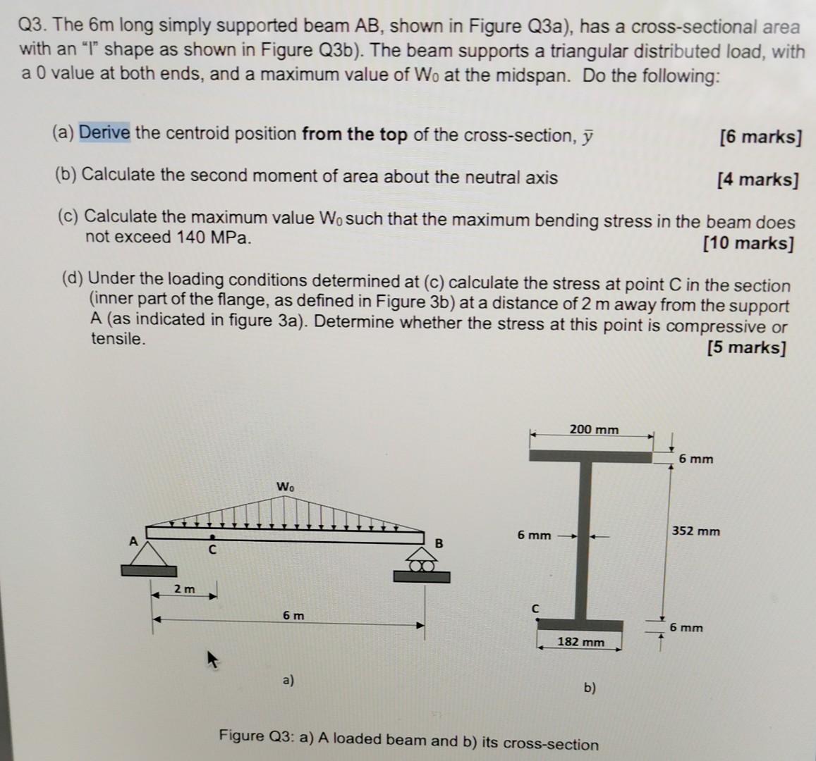 Q3 The 6m Long Simply Supported Beam Ab Shown In Figure Q3a Has A Cross Sectional Area With An I Shape As Shown In 1