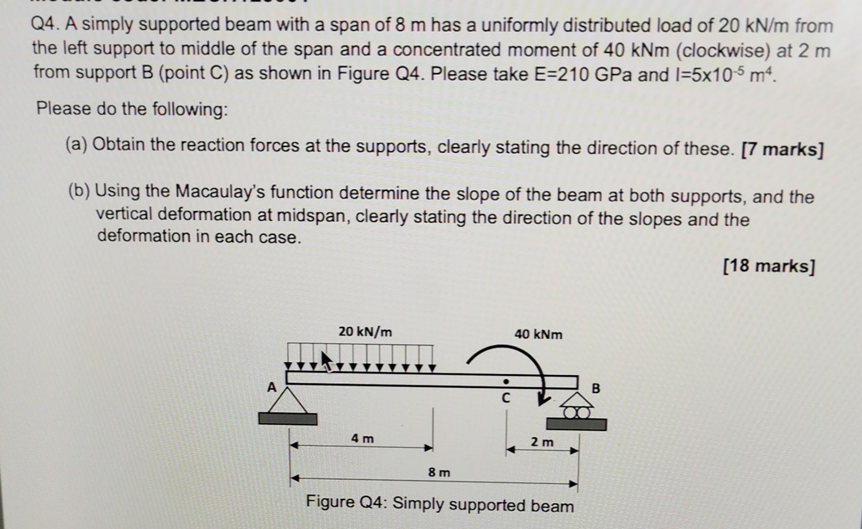 Q4 A Simply Supported Beam With A Span Of 8 M Has A Uniformly Distributed Load Of 20 Kn M From The Left Support To Midd 1