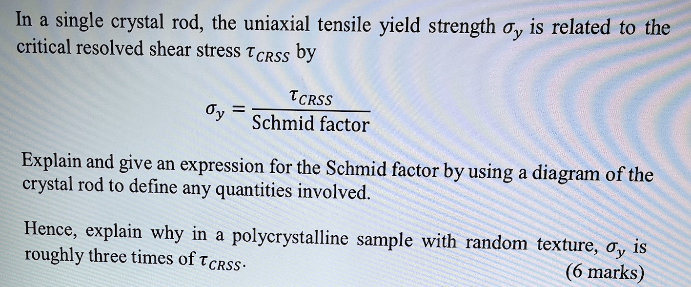 In A Single Crystal Rod The Uniaxial Tensile Yield Strength Oy Is Related To The Critical Resolved Shear Stress Tcrss B 1
