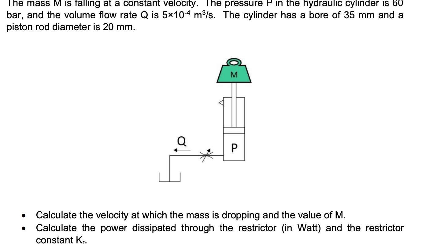 The Mass M Is Falling At A Constant Velocity The Pressure P In The Hydraulic Cylinder Is 60 Bar And The Volume Flow Ra 1