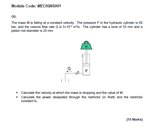 Module Code Mech265001 Q5 The Mass M Is Falling At A Constant Velocity The Pressure P In The Hydraulic Cylinder Is 60 1