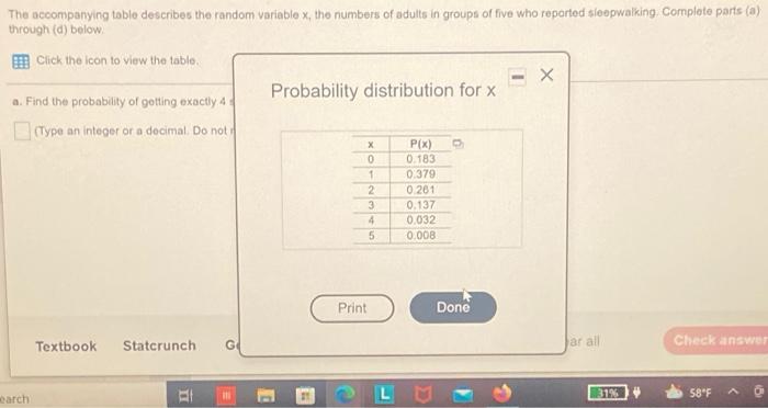 X The Accompanying Toblo Describes The Random Variable X The Numbers Of Adults In Groups Of Five Who Reported Sloopwa 1