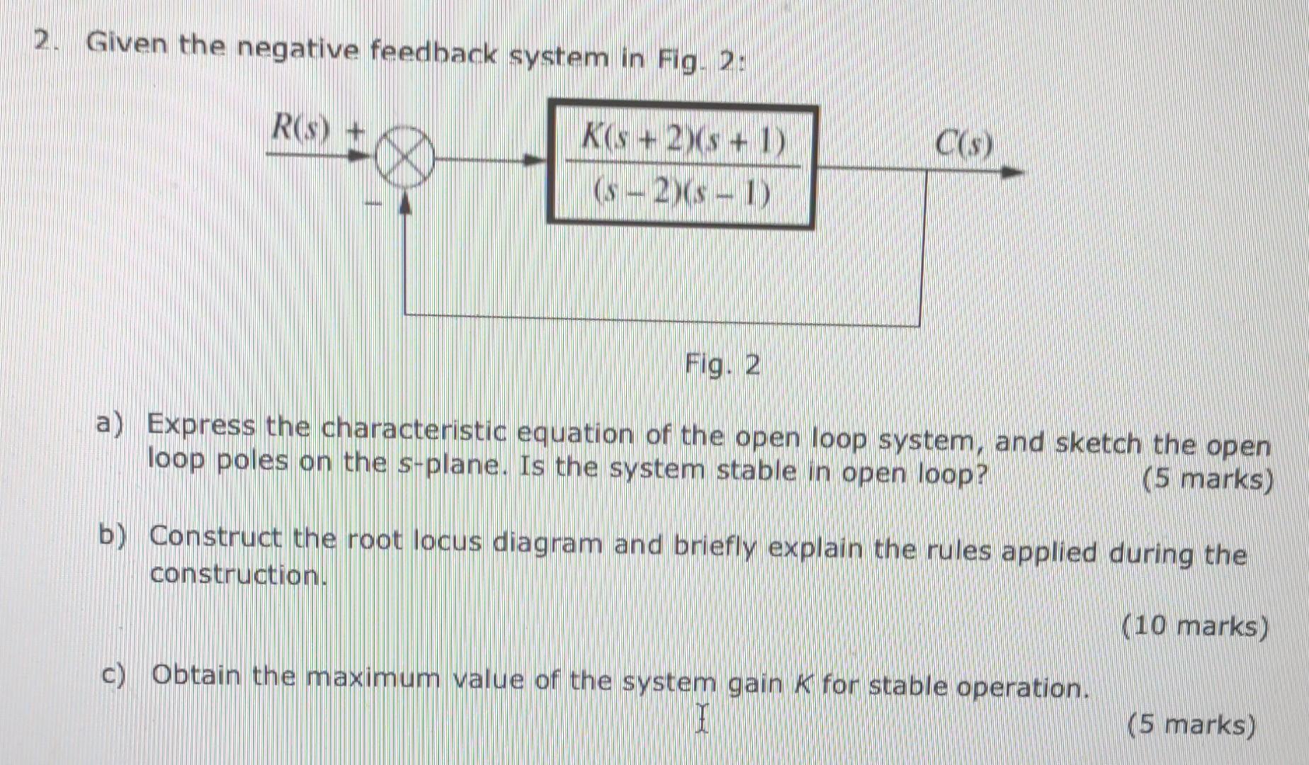 Given The Negative Feedback System In Fig 2 R S K S 2 S 1 C S S 2 S 1 Fig 2 A Express The Characteristic 1