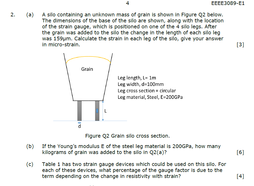 2 4 Eeee3089 E1 A A Silo Containing An Unknown Mass Of Grain Is Shown In Figure Q2 Below The Dimensions Of The Base 1