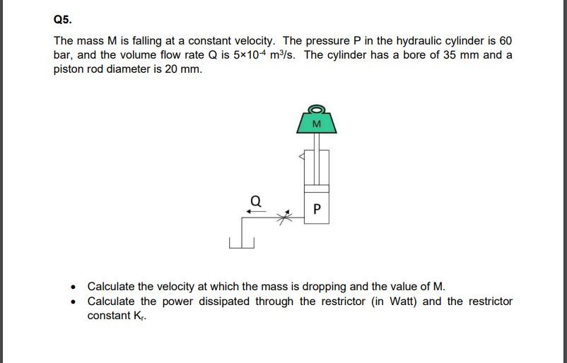 Q5 The Mass M Is Falling At A Constant Velocity The Pressure P In The Hydraulic Cylinder Is 60 Bar And The Volume Flo 1