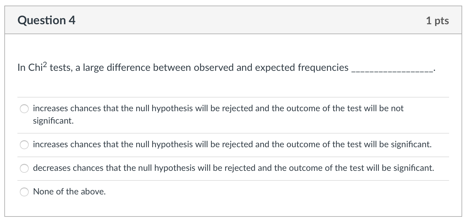 Question 4 1 Pts In Chi2 Tests A Large Difference Between Observed And Expected Frequencies Increases Chances That The 1
