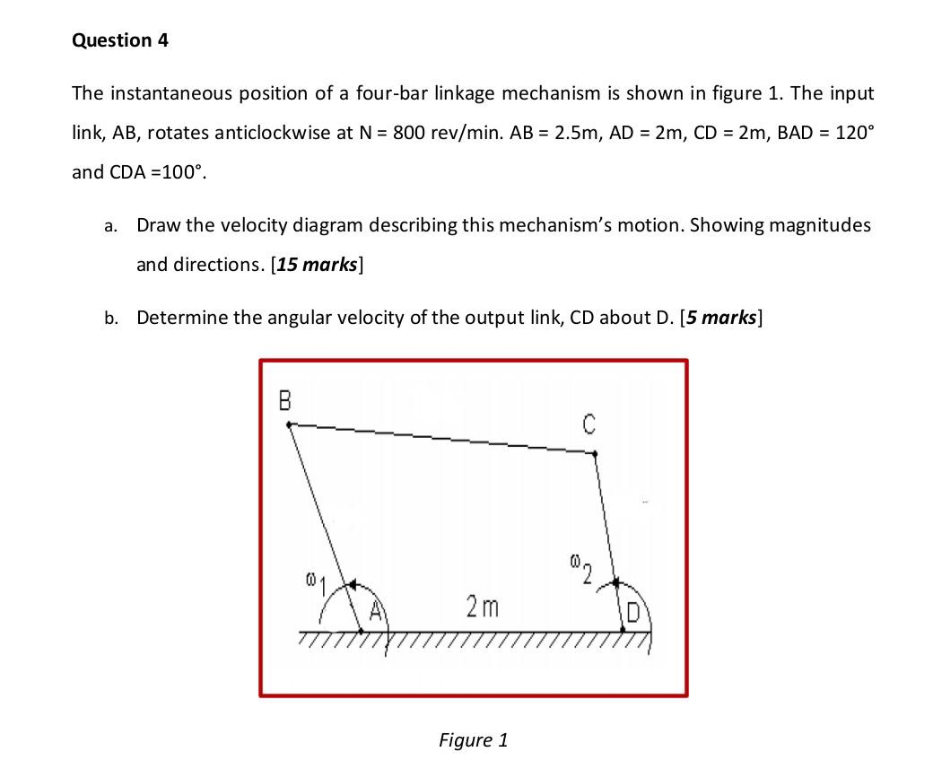 Question 4 The Instantaneous Position Of A Four Bar Linkage Mechanism Is Shown In Figure 1 The Input Link Ab Rotates 1