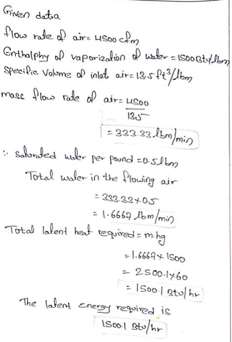 Given Data Flow Rate Of Air 4500 Cfm Enthalphy Of Vaporization Of Water 1500blylbm Specific Volume Of Inlet Air 13 5 1
