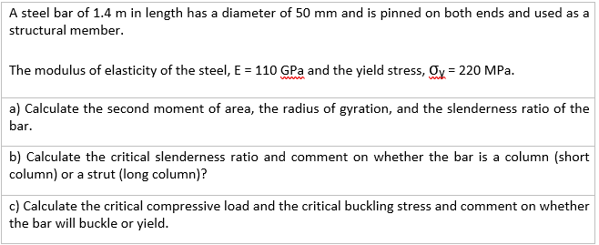A Steel Bar Of 1 4 M In Length Has A Diameter Of 50 Mm And Is Pinned On Both Ends And Used As A Structural Member The M 1