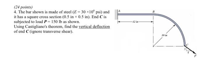24 Points 4 The Bar Shown Is Made Of Steel E 30 10 Psi And It Has A Square Cross Section 0 5 In X 0 5 In End 1