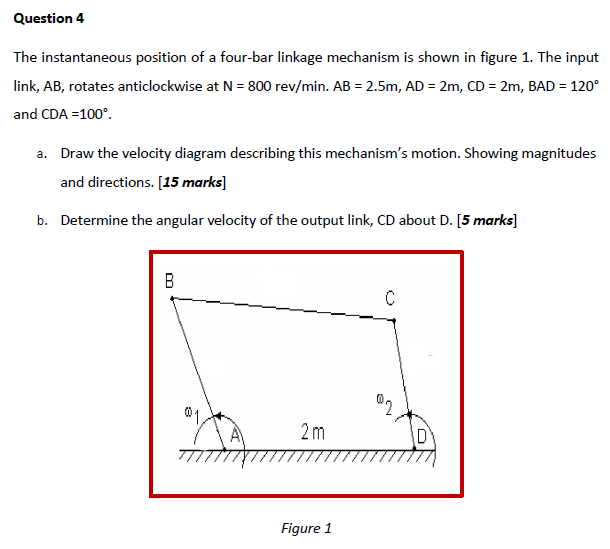 Question 4 The Instantaneous Position Of A Four Bar Linkage Mechanism Is Shown In Figure 1 The Input Link Ab Rotates 1
