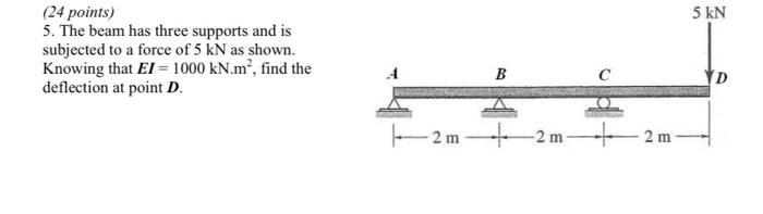 24 Points 5 The Beam Has Three Supports And Is Subjected To A Force Of 5 Kn As Shown Knowing That Ei 1000 Kn M F 1