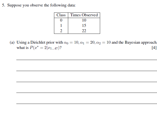 5 Suppose You Observe The Following Data Times Observed 10 Class 0 1 2 15 22 A Using A Dirichlet Prior With An 1 1