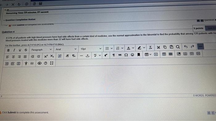 X Remaining Time 59 Minute 01 Second Question Completion Status Quote Cross Question 4 5 Points Ai 123 Of All Patie 1