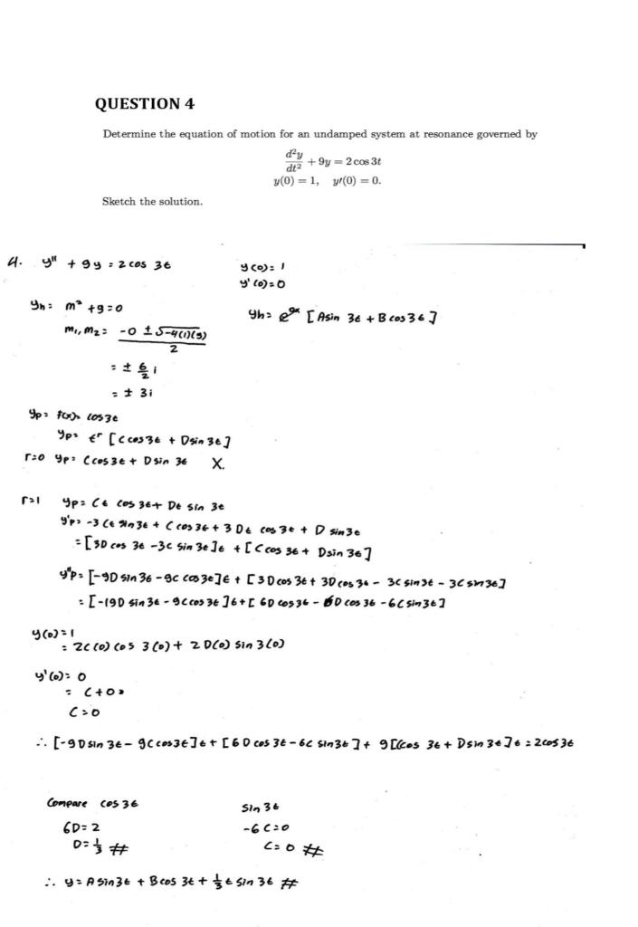 4 Y Gy 2 Cos 36 Yn M 9 0 Question 4 Determine The Equation Of Motion For An Undamped System At Resonance Governed 1