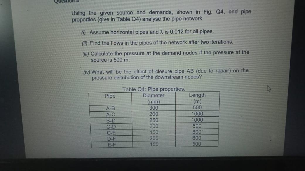 Using The Given Source And Demands Shown In Fig Q4 And Pipe Properties Give In Table Q4 Analyse The Pipe Network 1