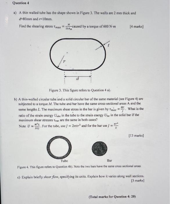 Question 4 A A Thin Walled Tube Has The Shape Shown In Figure 3 The Walls Are 2 Mm Thick And D 80mm And 10mm Find Th 1