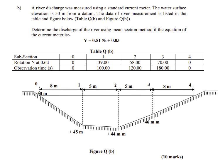 B A River Discharge Was Measured Using A Standard Current Meter The Water Surface Elevation Is 50 M From A Datum The 1