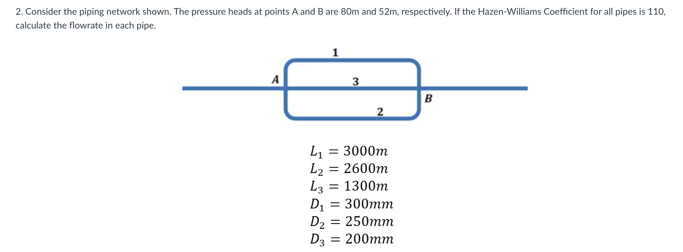 2 Consider The Piping Network Shown The Pressure Heads At Points A And B Are 80m And 52m Respectively If The Hazen W 1