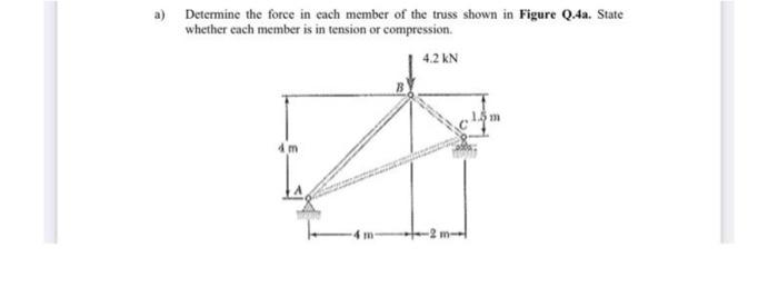 A Determine The Force In Each Member Of The Truss Shown In Figure Q 4a State Whether Each Member Is In Tension Or Comp 1