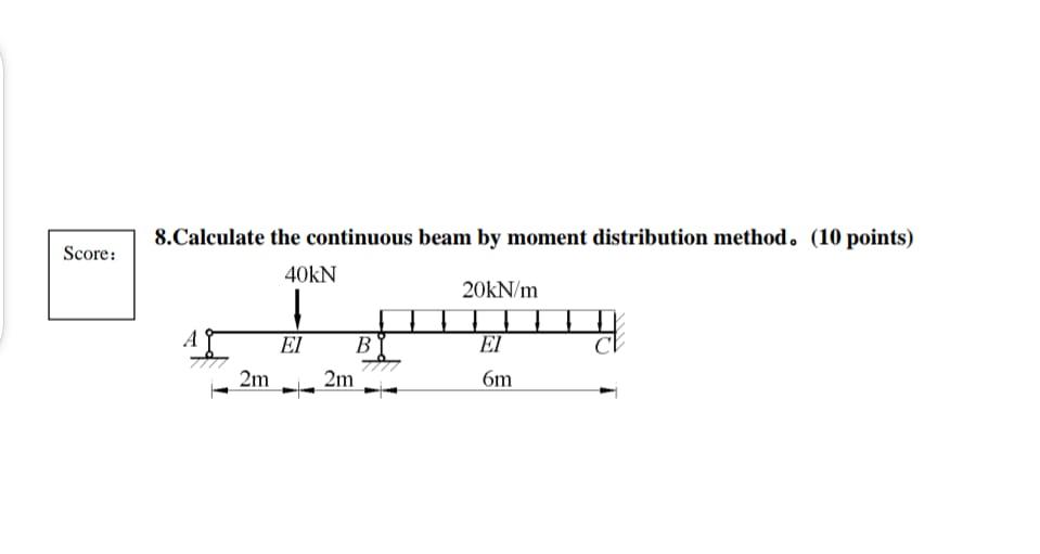 Score 8 Calculate The Continuous Beam By Moment Distribution Method 10 Points 40kn 20kn M Apyg El B El 7777 2m 2m 6m 1