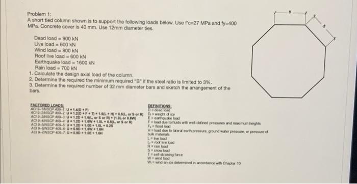 Problem 1 A Short Tied Column Shown Is To Support The Following Loads Below Use F C 27 Mpa And Fy 400 Mpa Concrete Co 1
