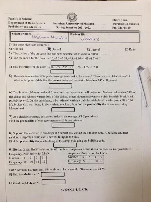 Faculty Of Science Short Exam Department Of Basic Science Probability And Statistics Duration 30 Minutes Full Marks 10 S 1