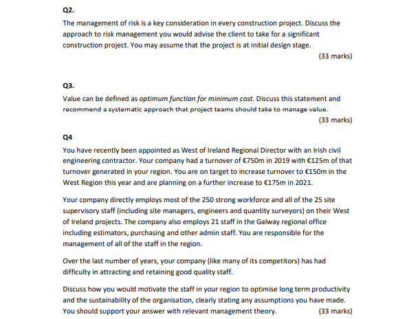Q2 The Management Of Risk Is A Key Consideration In Every Construction Project Discuss The Approach To Risk Management 1