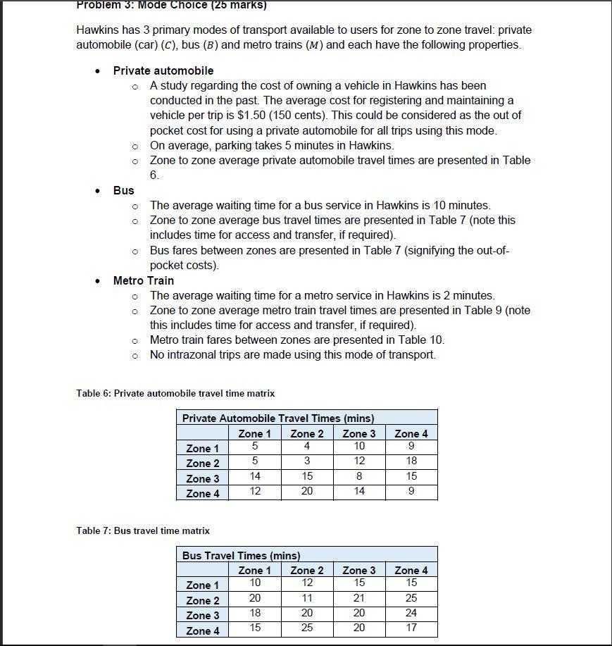 Problem 3 Mode Choice 25 Marks Hawkins Has 3 Primary Modes Of Transport Available To Users For Zone To Zone Travel P 1