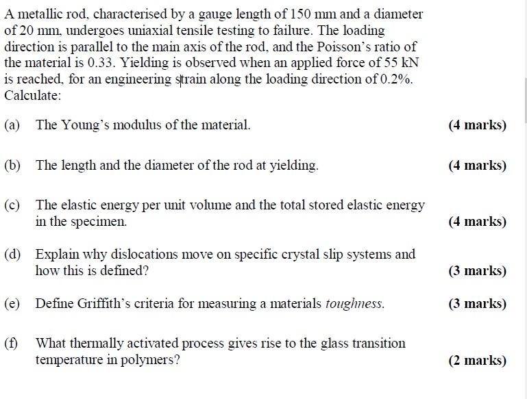 A Metallic Rod Characterised By A Gauge Length Of 150 Mm And A Diameter Of 20 Mm Undergoes Uniaxial Tensile Testing To 1
