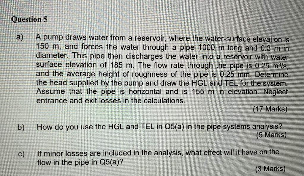 Question 5 A A Pump Draws Water From A Reservoir Where The Water Surface Elevation Is 150 M And Forces The Water Thro 1