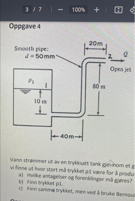 3 7 100 Oppgave 4 40m 20m Smooth Pipe D 50mm Pl 1 10 M T Vann Strommer Ut Av En Trykksatt Tank Gjennom Et 1
