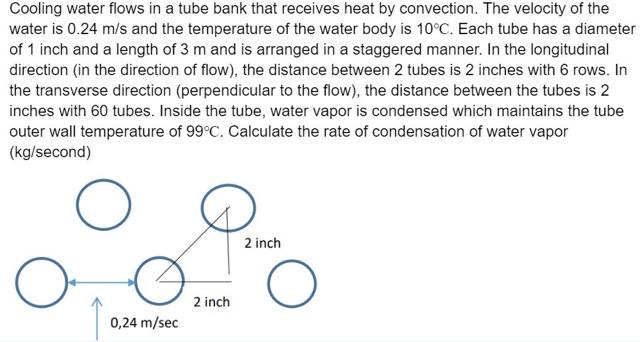 Cooling Water Flows In A Tube Bank That Receives Heat By Convection The Velocity Of The Water Is 0 24 M S And The Tempe 1